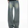 Calça Jeans Longa Gypsophila Lavada Desgastada Masculina Design Individual de Nicho Senso de Design Caveira Calças de Perna Reta Soltas Marca Tendência