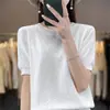 2026 Algodão Feminino Gola Redonda Pequena Floral Vazado Cor Sólida Manga Bufante Solta Casual Primavera e Verão Malha Fina Manga Curta