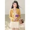 Cárdigan de Punto Amarillo para Fiesta al Atardecer para Mujer, Corte Holgado con Lazo, Suéter de Otoño/Invierno con Etiqueta