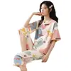 Pijama Transfronterizo para Mujer Verano Manga Corta Pantalón Recortado Jersey Cuello Redondo Estampado para Mujer Primavera y Otoño Traje de Ropa de Casa Ancho