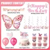 Decoraciones para fiesta de cumpleaños de mariposas rosas, fondo de forma irregular, banderines de cuerda, decoraciones colgantes en espiral, globos, adornos para pastel y arreglos