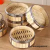 Vaporera de bambú para uso doméstico para cocer al vapor bollos, vaporera de arroz tejida a mano comercial de bambú con borde de acero inoxidable, rejilla y bandeja para vapor