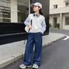 Conjunto de Roupa de Primavera para Meninas 2026 Novo Estilo Crianças Maiores Estilo Coreano Roupa Infantil de Primavera POLO Moletom Jeans Conjunto de Duas Peças