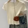 Top de punto coreano fresco y sedoso, de cuello redondo, tejido de ochos, de manga corta para mujer, top liso de color sólido, corte ajustado, para verano