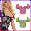 Tamanho Europeu Corset de Renda de Manga Curta Zíper Frontal Costas Elásticas Franzidas Vestido Tubinho Floral Rosa Top com Barbatanas