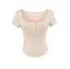 Camiseta de Manga Corta con Cuello en U Grande para Mujer, Verano 2026, Corte Ajustado, Diseño Elegante, Amigable con la Piel, Ligera, con Mangas Cortas Volantes