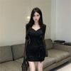 Vestido Sexy de Manga Longa com Decote em V Cruzado Estilo Francês para Mulheres Pura Luxúria Sexy Modelador de Corpo Saia Curta de Renda na Cintura