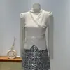 Blusa de tricô manga longa estilo francês para mulheres, moda outono e inverno, gola V, gola halter, cruzada, blusa base afina a silhueta, top único