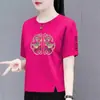 Comercio Exterior Transfronterizo Nuevo Estilo Chino Ropa para Mamá Camiseta de Manga Corta para Mujer de Mediana Edad Holgada Talla Grande Top de Media Manga para Mujer