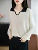 Suéter de punto base para mujer, de manga larga, con cuello de tijera y bloques de color, de lana fina peinada, nuevo para primavera y otoño, corte slim, estilo retro francés