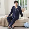 Pijama de imitación de algodón para hombre, conjunto de primavera y otoño de manga larga y pantalón largo, estampado de rayas verdes con bordado de dibujos animados, cárdigan con cuello de solapa, ropa de casa para hombre