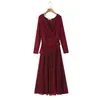 Vestido de Tule Patchwork Estilo Francês Feminino Tamanho Plus Runqi 9591, Elegante Vestido de Malha com Gola Swing e Cintura Marcada por Pregas