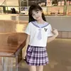Conjunto de Camiseta de Moda con Cuello Azul Marino y Dibujos Animados para Niñas de Edad Media y Mayores, Nuevo de Verano, Informal, Bloques de Color, Patchwork, Conjunto de Falda