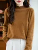 Suéter tejido de punto para mujer 100% lana, con cuello con volantes, huecos, cuello semi-alto, elegante, corte ajustado, versátil y elegante, de manga larga