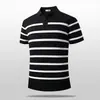 Camisa POLO de Punto Negra y Blanca a Rayas con Cuello Solapa para Hombre Ligeramente Maduro, Manga Corta, Verano, Simple, Versátil, Transpirable, Manga Media