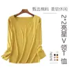 Otoño 2021 Estilo Coreano Casual Holgado Camiseta Básica para Mujer Camiseta de Manga Larga con Cuello en V para Mujer Top de Capa Interior para Mujer Color Sólido Nuevo Estilo