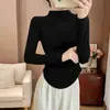 Camiseta base para mujer de ajuste ceñido y cuello medio alto, nuevo estilo otoño e invierno, forrada de polar y engrosada, top versátil de manga larga