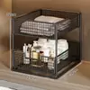Mueble para lavabo de baño con estantes de almacenamiento, organizador extraíble para debajo del lavabo y almacenamiento en capas para artículos de tocador y desagües.