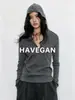 Con suéter de punto con capucha de lana de manga larga para mujer HAVEGAN/Otoño, color liso, corte relajado, elástico, top casual