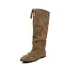 Botas de montar de cuero de tacón alto para mujer, nuevo estilo de invierno, punta redonda, lazo, versión coreana, botas hasta la rodilla