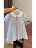 Vestido de niña Verano 2025 Nuevo para niña Bebé Elegante Infantil Manga abullonada Moda Rayado Conejo Blanco Falda