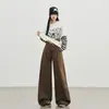 Calça feminina de perna larga, cor café marrom, modelo novo 2026, estilo retrô americano, cintura alta, plissada, solta, com caimento, perna reta, comprimento até o chão