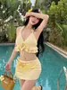 Bikini de Tres Piezas Estilo Francés para Chica Pura y Deseo Nuevo con Espalda Descubierta que Cubre el Vientre y Luce Delgado, Adecuado para Vacaciones en la Playa y Traje de Baño para Fuentes Termales para Mujeres