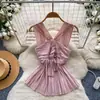 Top de Tirantes con Pliegues Estilo Francés para Commuter para Mujer, Verano Ajustado, Favorecedor, Sexy, Elegante, Chaleco de Gama Alta