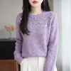 Nova Coleção Outono/Inverno 2026: Blusa de Tricô Feminina Lisa, Manga Longa, Gola Redonda com Apliques Pesados de Strass, Pulôver de Caimento Solto, Camada Base