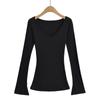 Estilo Desejo Puro 2024 Outono e Inverno Meninas Quentes Sexy Slim-Fit Emagrecimento Camiseta Base Grande Decote em V Punho Fenda Manga Longa