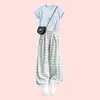 Pantalones de Verano a Cuadros de Pierna Ancha para Niñas 2026 para Niños Medianos y Grandes Dulce Lindo Azul Cuello Redondo Manga Corta Conjunto Versátil
