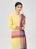 Conjunto de Moda de Falda Versátil Juvenil Elegante Colorblock Plegada de Manga Larga de Alta Calidad Dopamina
