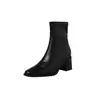 Botas Slim Elegantes de Solado Silencioso Versáteis para o Trabalho Outono/Inverno 2026 Salto Alto Grosso Bico Quadrado Elásticas que Moldam a Perna Botas de Tornozelo Emagrecedoras para Mulheres