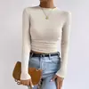Camiseta de Manga Larga a Cuadros Redonda para Mujer con Aspecto Adelgazante, Top Plisado, Transfronterizo Europeo y Americano, Amazon, Otoño e Invierno, Delgado y Versátil