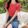 Camiseta de Manga Corta a Rayas para Mujer 2024 Nuevo Verano Seda de Hielo Tejida Patchwork Corta de Cintura Alta Moderna y Versátil