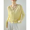 Cardigan Tricot Vazado Estilo Designer para Mulheres, Temporada de Primavera, Gola Redonda, Manga Longa de Linho Seda de Gelo, Jaqueta, Cobertura, Amarelo