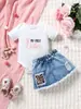 Conjunto de Roupas Infantil para Menina Estilo Novo de Verão Jeans Estampado Manga Curta Saia Jeans Terno Casual Infantil