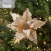 Nova Flor de Natal de 27cm Flor Artificial Glitterada Flockada Decoração de Árvore de Natal Cenário Layout Pingente