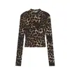 Camiseta Sexy de Chica Caliente con Estampado de Leopardo y Cuello Semi-Alto para Mujer Primavera/Otoño Estilo Ligeramente Maduro Top Corto Ceñido a la Cintura Capa Base de Moda ins