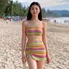 Ins Style Sweet Spice Girl Tricô Contraste Cor Pendurado Decote Saia Dividida Maiô Biquíni de Três Peças Praia Férias de Verão