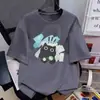 Camiseta de manga curta estilo americano em seda de leite, novo modelo de verão com estampa de gatinho assustador, top de corte solto, versátil e moderno