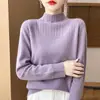 Otoño e Invierno Nuevo Casual Holgado Versátil Simple Tejido de Punto para Mujer Cuello Semi Alto Moda Capa Base Suéter Jersey de Manga Larga