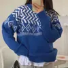 Suéter azul con estampado estilo coreano, nueva prenda exterior holgada para mujer de principios de otoño, top de punto casual, moderno