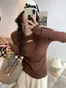 Camiseta base de punto hueca para mujer, primavera y otoño, suéter pullover ajustado, corte slim, top de manga larga, talla única, estilo europeo y americano