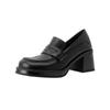 Mocassins de salto alto grossos estilo preppy britânico de 3 cores, novidade da primavera de 2023, bico quadrado, sapatos de couro, couro bovino, boca funda, sapatos de camada única para mulheres