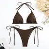 Bikini de Tres Piezas Traje de Baño Transfronterizo Sexy con Cordón Ajustable Espalda Descubierta Bikini de Color Sólido con Nudo Traje de Baño de Dos Piezas
