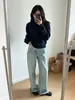 Jeans versátil azul claro lavado com efeito bigode de gato, corte reto solto para mulheres, novas calças casuais de cintura média, corte slim, perna larga 6016