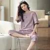 Explosões transfronteiriças pijamas femininos verão manga curta cropped calça plus size estilo literário xadrez conjunto roupas de casa em estoque atacado