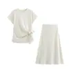 Fabricante Mayorista de Ropa para Mujer Transfronteriza 2025 Top con Cuello Redondo de Manga Corta Adornado Falda Midi Conjunto Suave