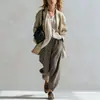 2026 Blazer casual listrado vertical cáqui transfronteiriço com ombros caídos e tornozelos ajustados, calça larga texturizada cinza-marrom solta para mulheres